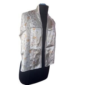 Vera Vintage Silk Scarf Floral Damask Scroll Cream Yellow Blue  Wrap 10x50"‎